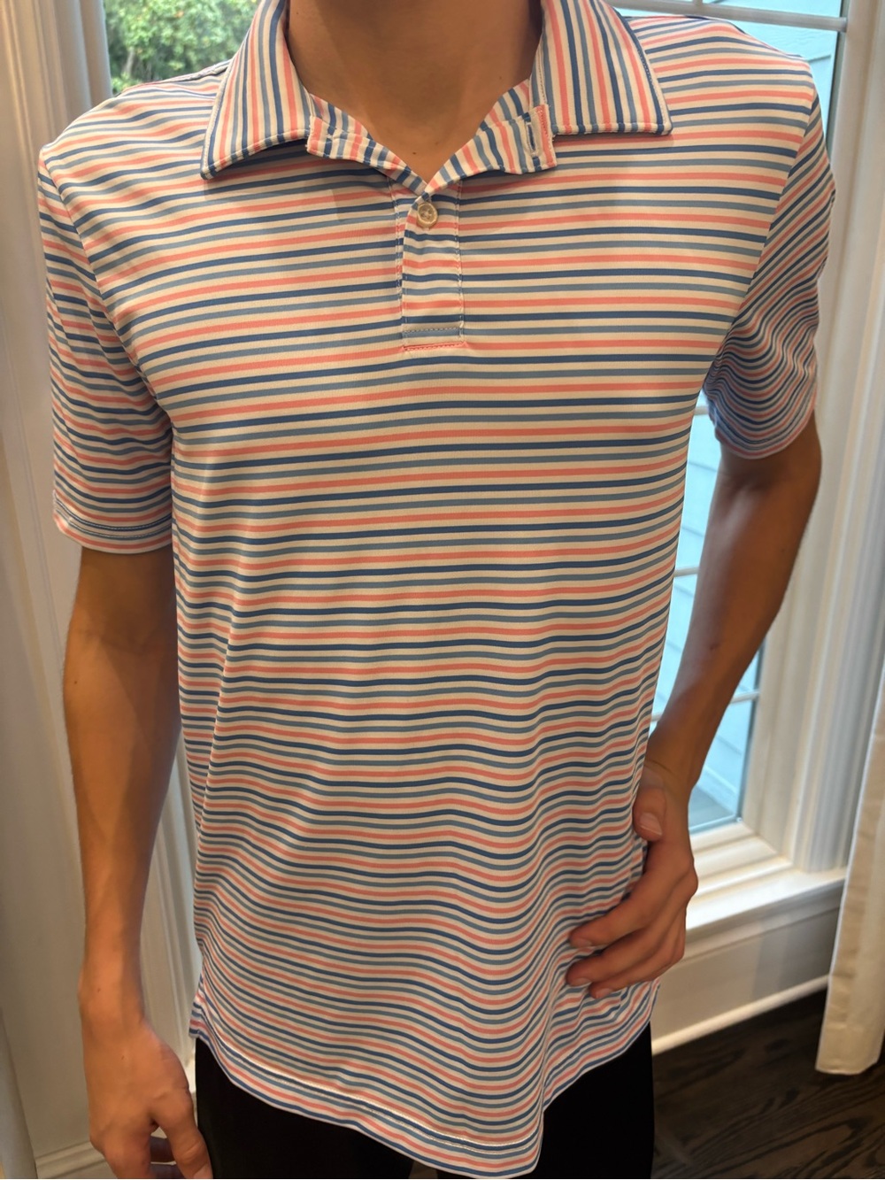 Boys SZ 18-20 Short-Sleeve Polo in Pink, Blue & White Stripes
